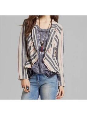 FREE PEOPLE Rumble Striped Linen Blend Peplum Blazer in Tea Combo-Size 10